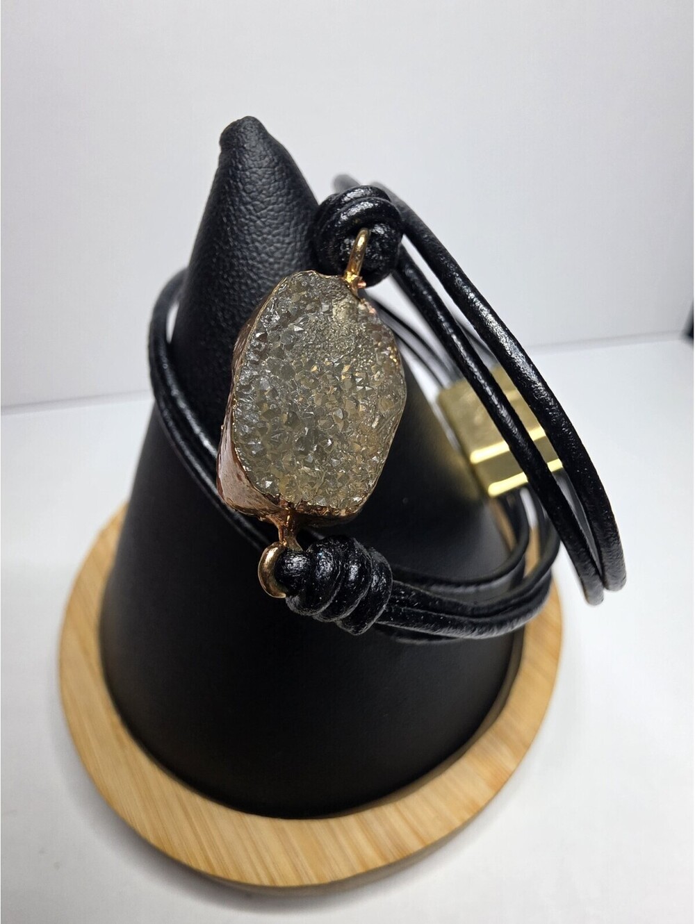 Multi Strand Black Leather Wrap Bracelet Raw Gold Druzy Stone Magnetic Clasp